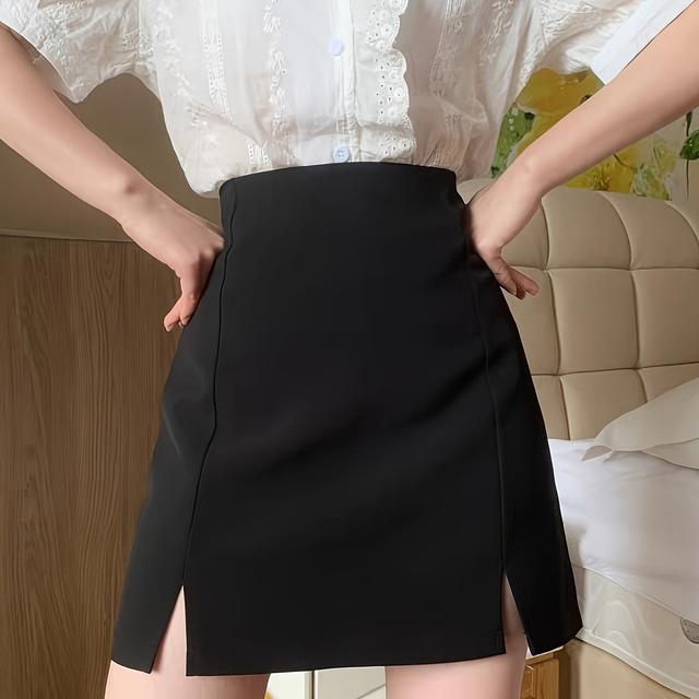 TEMU 2025 New Women's Skirts High Waist Plus Size Summer Original A-line Skirt Lightweight Plain Skirt With Double Slits For Women Casual Belly Cover