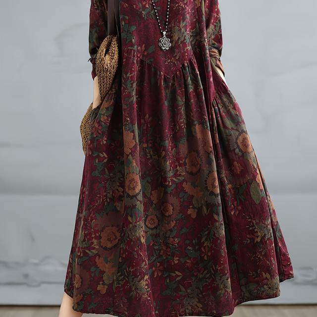 TEMU Linen Printed Round Neck Long Sleeve Dress For Women, Loose And With A Design