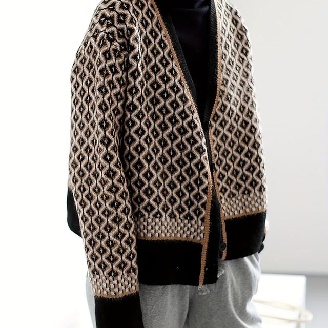 TEMU 女性用コージーニットカーディガンセーター - カジュアルVネック、長袖、幾何学模様、洗濯機可 - 秋冬に最適