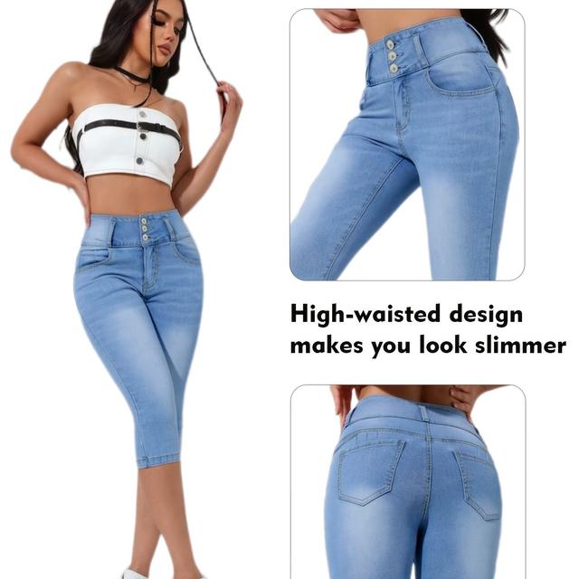 TEMU Jasnoniebieskie modne elastyczne spodnie crop z wysokim stanem i trzema guzikami