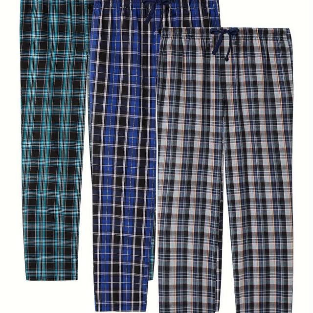 TEMU 1/3 pièces Pantalon de pyjama homme en coton fin à carreaux, avec poches pour dormir ou détente