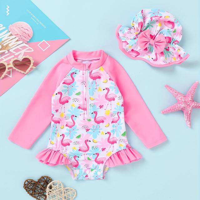 TEMU Girls' One-piece Long-sleeved Sunscreen Suit With Hat Set, Zipper Swimwear, Cute Strawberry Flower Beachwear
