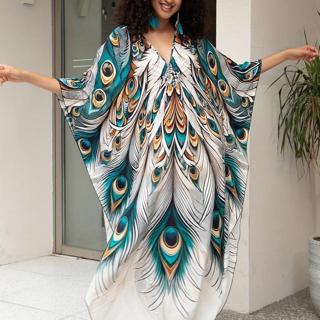 TEMU Peocock Printed Women Beach Summer Maxi Dresses Handmade Holiday Bathing Suits