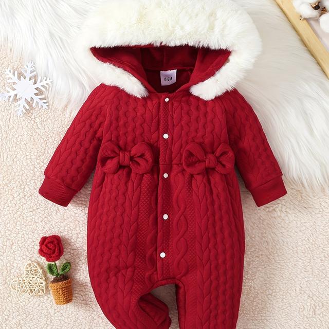 TEMU Girls' Winter Knit Jumpsuit With Hood And Fur Collar, Long Sleeve Solid Color Polyester Romper With Bowknot, Warm Fall/winter Outfit For Infants, For Outdoor