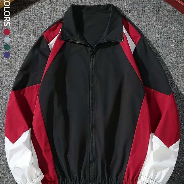 TEMU 라센 남성용 경량 재킷 - 유니섹스 대학 스타일, 대비 컬러 블록, 지퍼 스탠드 칼라 & 포켓, 봄/가을 캐주얼 웨어용 기계 세척 가능한 스포츠 웨어 (그레이 & 베이지), 올시즌 재킷, 내구성 있는 원단