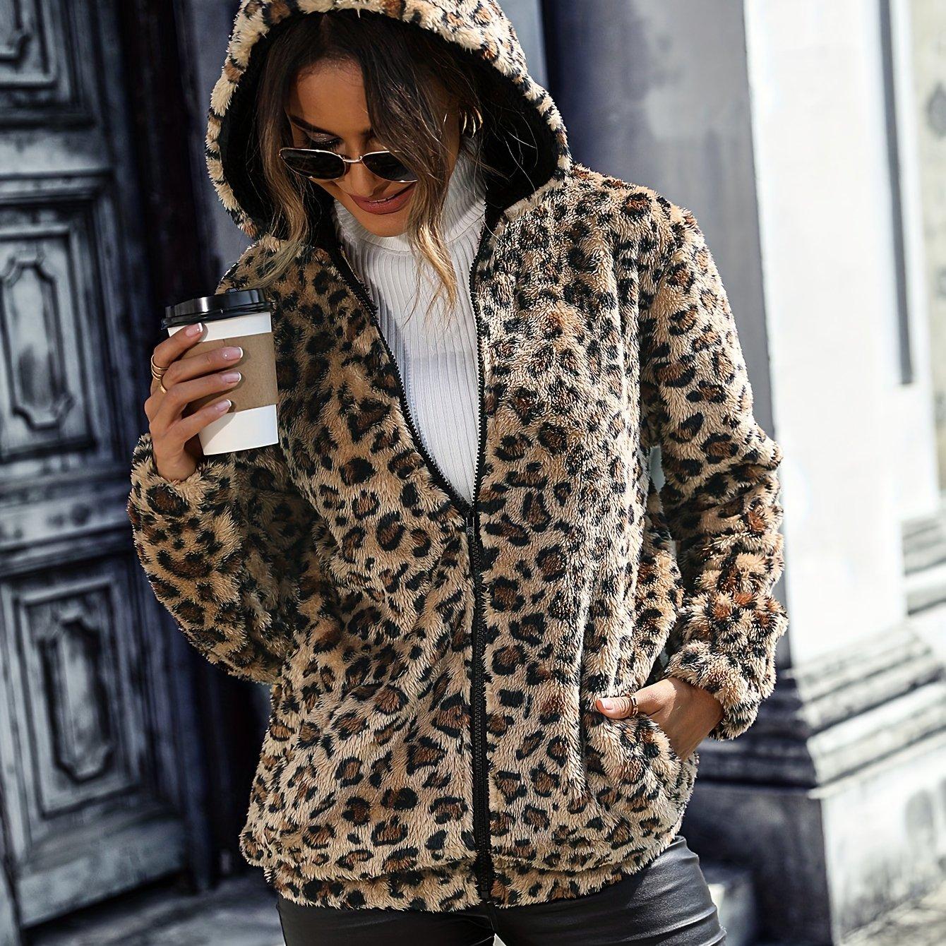 TEMU European And American Autumn/winter Women's Hooded Long-sleeve Leopard Print Mid-length Double-sided Loose Casual Zipper Jacket