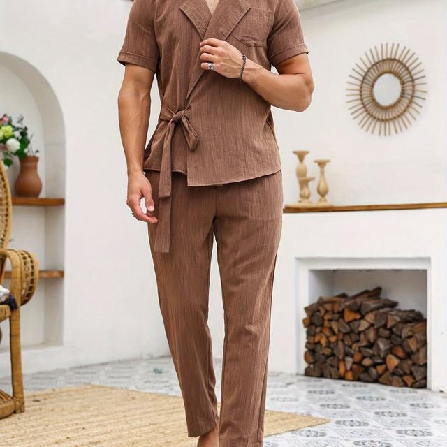 TEMU Men's Fashion Suit Style Textured Fabric With Straps Suitable For Daily Casual Simple Commuting Versatile Style Special Fit Short Sleeve Top And Trousers Two-piece Set