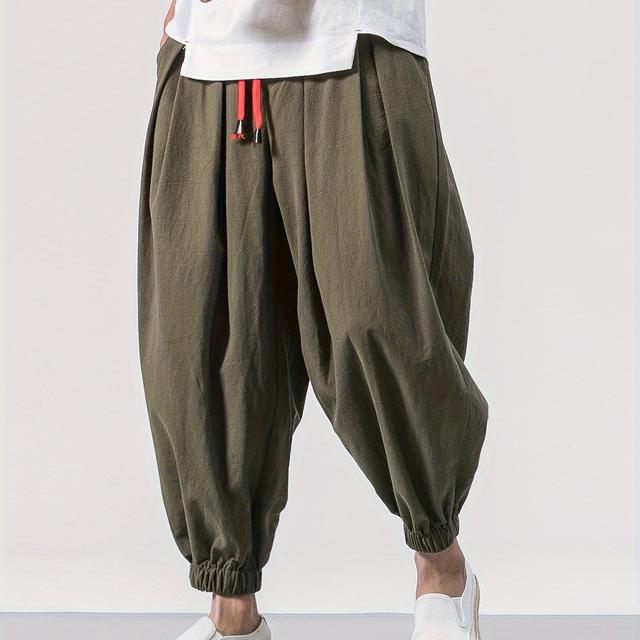 TEMU メンズオールリネンロングパンツ、カジュアルでゆったり、ウエスト部分のドローデザイン、ポケット、通気性のある素材、家庭での着用に最適、ゆったりとフィットしたパンツ、春と秋のファッショナブルなパンツ