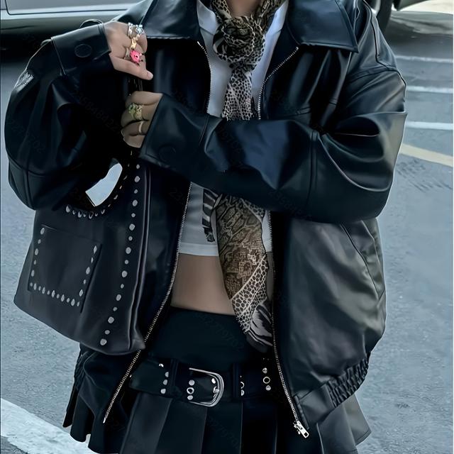 TEMU Chaqueta Casual Negra para Mujer con Cremallera, Manga Larga y Ajuste , Puños con Tachuelas y Cinturón - para Todas