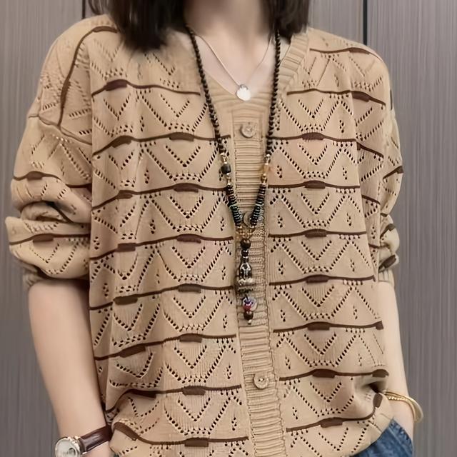 TEMU 2025 New Women's Cardigan - Chic V-neck, Solid Color With Hollow Details, Lightweight Polyester For Spring/summer/fall, Casual Wear| Sweater|hollowed-out Design