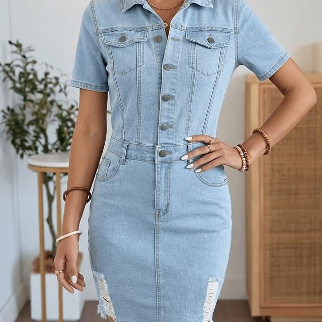 TEMU Women's Stretch Denim Dress - Elegant Fitted Design, Washed Blue, Comfortable Casual Dress, Suitable For Casual Attire, , Durable Fabric