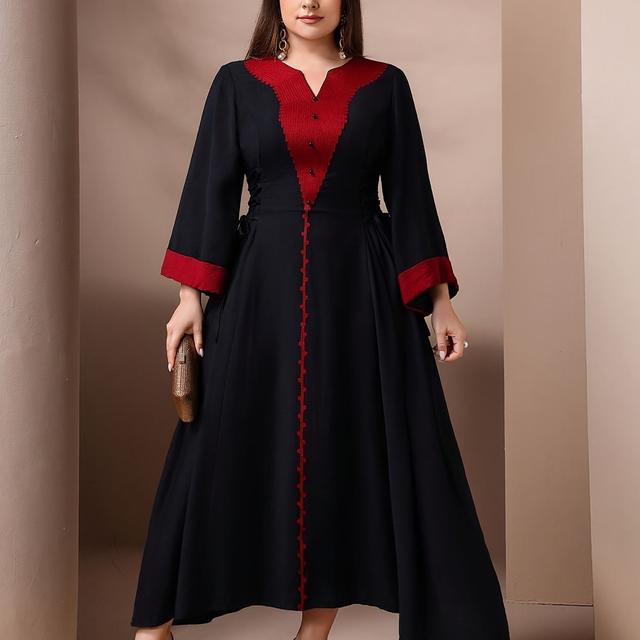 TEMU Toleen Elegant Plus Size Color Block Maxi Dress With V-neck, Flared Sleeves & Button Detail - Non-stretch Fabric, Tribal Pattern, Ideal For Spring/summer Events, Plus Size Dresse