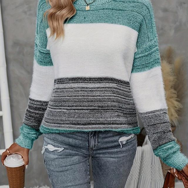 TEMU Suéter de Larga con Hombros Caídos para Mujeres Tallas Grandes - Jersey Casual y Elegante a Rayas, Ropa Cómoda de Otoño e Invierno con Ajuste & Cuello , Tejido Elástico , Moda de Otoño