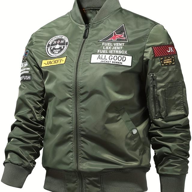 TEMU 남성용 인성 슬림 내마모성 나일론 플라이트 슈트 재킷 봄과 가을, 남성용 고품질 문자 자수 모터사이클 재킷, 남성용 다중 포켓 패션 캐주얼 방풍 플라이트 슈트 재킷, 야외骑行에 적합합니다.