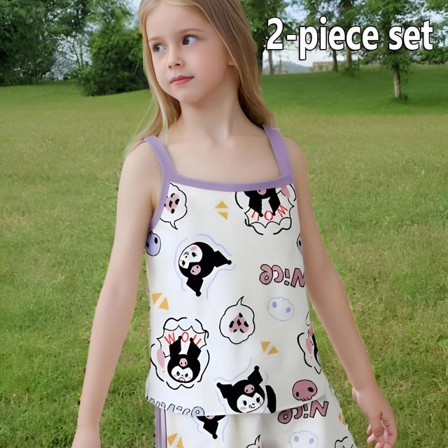 TEMU طقم ملابس صيفي للبنات من سانريو كيرومي 2024، قطعتين - توب كاميسول مرح وشورت مطبوع، تصميم بطابع الأرجواني، خفيف الوزن، يسمح بالتهوية ومريح، للخروج