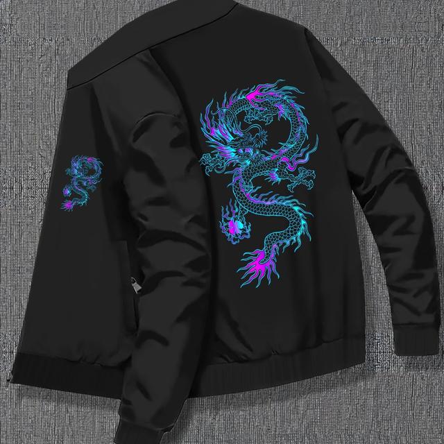 TEMU Artistic Colored Dragon Men's College Style Jacket, Versatile Casual Tops With Zipper And Pocket, Creative Clothing For , Best Fall & Winter Gift