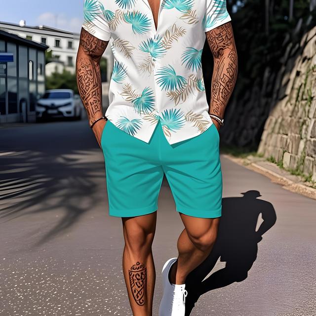 TEMU Conjunto de Camiseta y Pantalones Cortos Deportivos con Estampado Tropical para Hombre, Cuello Ajuste Holgado para Gimnasio
