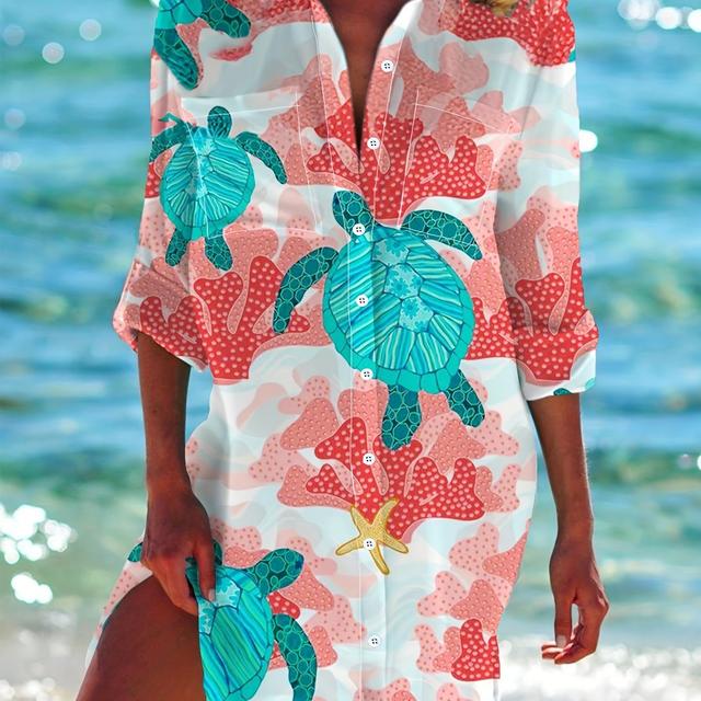 TEMU Plus Size, Plus Size Turtle Print Collar Half-sleeve Dress - H-line Beach Vacation Dress With Turtle & Sea Turtle Pattern, Pockets, Machine Washable Resort Wear For Casual To Semi-formal Outfits