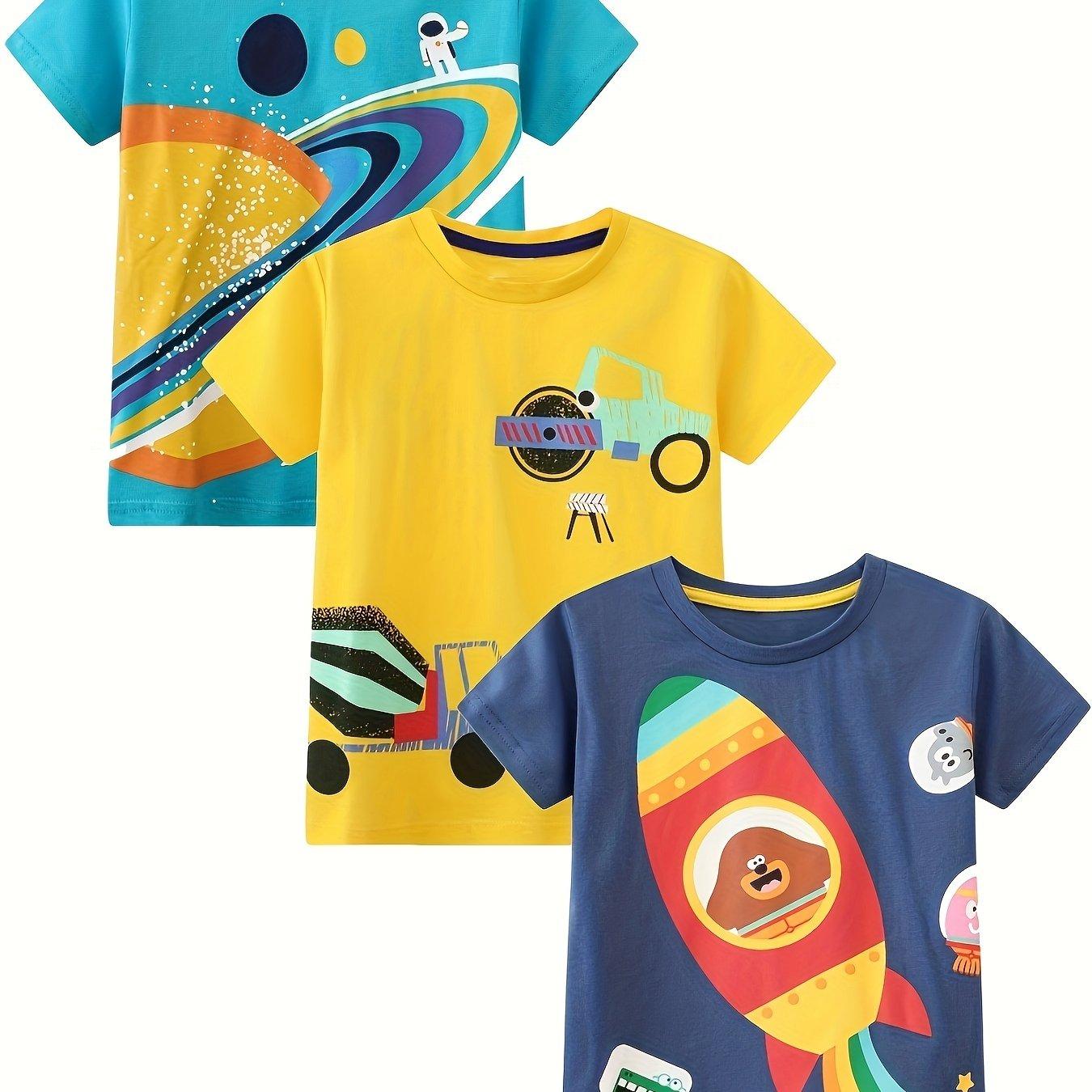 TEMU 3pcs Boys' Summer Short Sleeve T-shirts, Outdoor Casual Round Neck Tops With Random Planet And Rocket Patterns, Basic Vacation Beach Tees For Boys Ages 2-7 Years