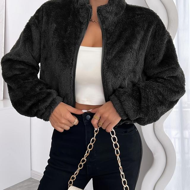 TEMU Elegant Zip-up Jacket With Fur Trim, Drop Shoulder Design, Polyester And Spandex Blend, Machine Washable - Ideal For Spring/autumn