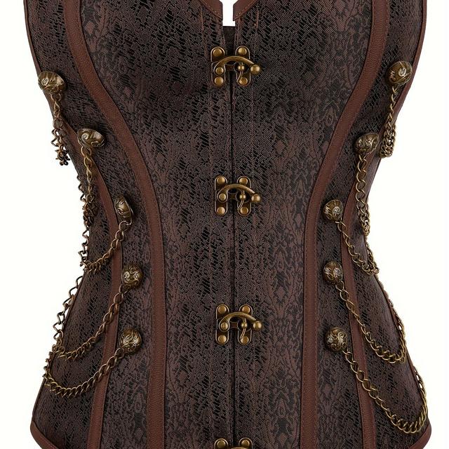 TEMU Elegantes Vintage-Gothic Schnürkorsett-Top mit Metallketten - Braunes Jacquard-Taillenformer für Frauen, Steampunk-Stil, Nicht Durchsichtig, Nur Handwäsche