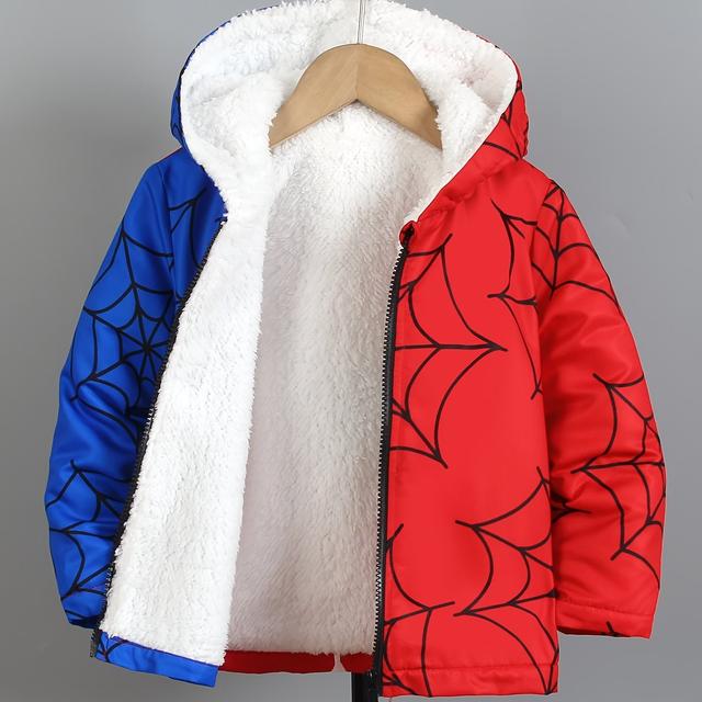 TEMU Jongenshoody met spinnenwebprint, 100% polyester gebreid, casual stijl, niet rekbaar, reguliere pasvorm, ritssluiting herfst/winter mode jas