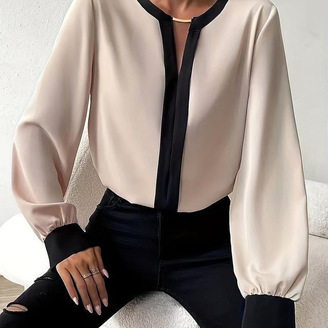 TEMU Women's Color Block V-neck Long Sleeve Blouse - Beige & Black Design, Button-up Front, Lightweight Polyester, Spring/summer Casual , Versatile Fashion | Buttonup Top | Stylish Button Details