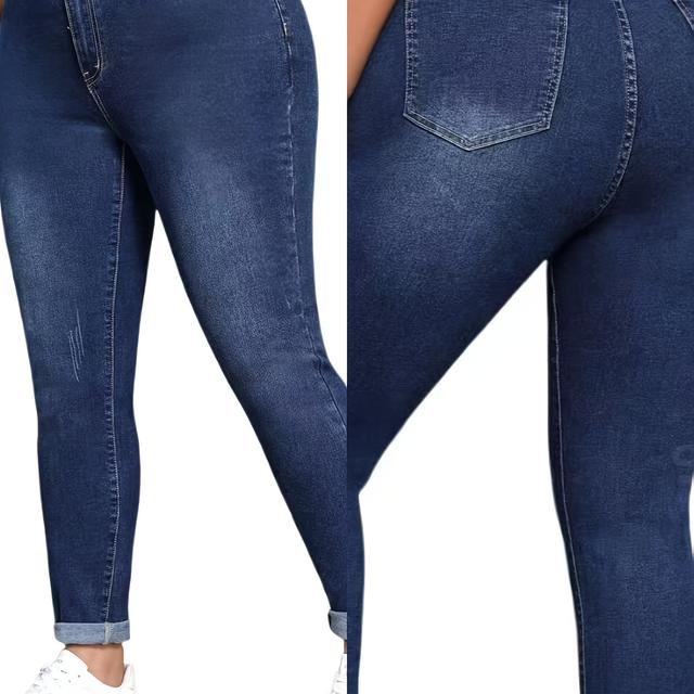 TEMU Plus-Size Damen Stretch-Denim-Jeans, Dunkelblau, Einfarbig mit Knopf Schrägtaschen, Umschlagbund, Gewaschene Denim-Hosen Bekleidung