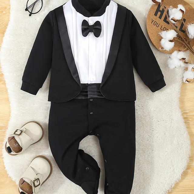 TEMU New Boy Formal Outfit, Featuring A Suit Collar, Faux Vest, Bow Tie, And Tuxedo For Infants
