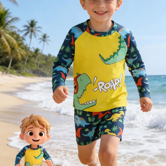 TEMU Conjunto de Manga Larga y Shorts de Playa para Niños con Estampado de Dinosaurios, Primavera/Verano