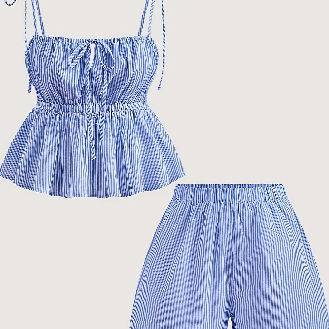TEMU A Women's Striped Square Neck Top With High-waisted Striped Shorts, Spring Attire