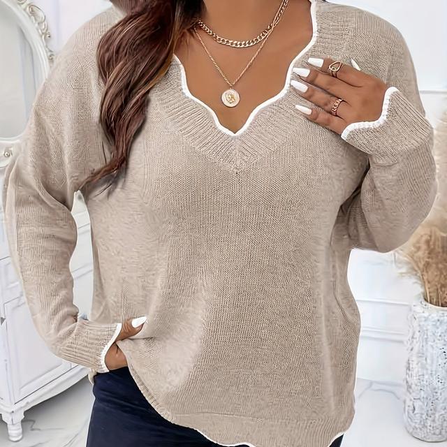 TEMU Plus Size Trim V Neck Sweater, Elegant Drop Shoulder Long Sleeve Sweater For Fall & Winter, Women's Plus Size Clothing