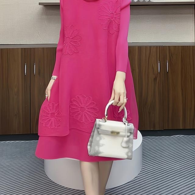 TEMU Talla Grande - Vestido de Manga Larga Elegante y Moderno en Rosado, Perfecto para el Ramadán del Medio , Diseñado para Realzar y Disimular Vientre, Ideal para Mujeres de Talla Grande