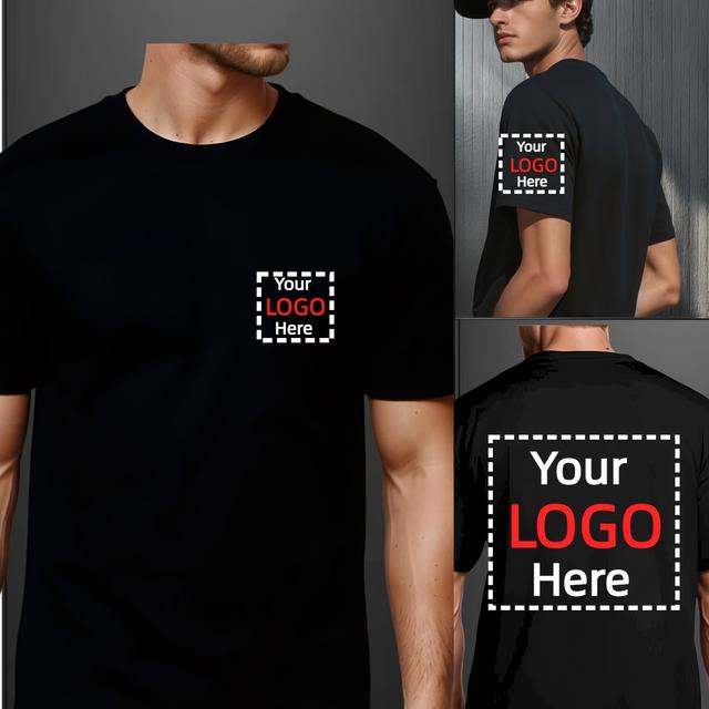 TEMU تي شيرت رجالي قابل للتخصيص - طباعة أمامية وخلفية وأكمام، صورة/شعار، قميص كاجوال أسود للصيف، ملابس فريق العمل، فرق الرقص، شعارات الشركات وزوجات متطابقة، تيشيرت شخصي، مناسبات خاصة، مقاس عادي