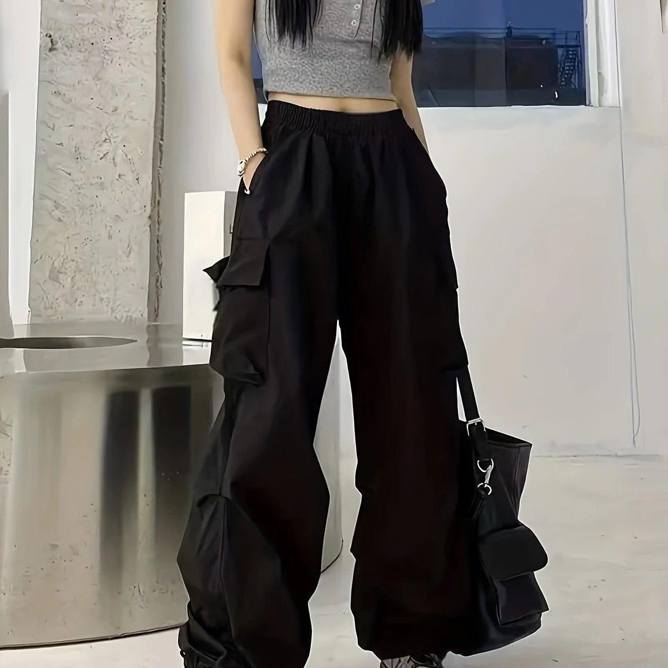 TEMU Y2k Style Black Cargo Pants - , Relaxed Fit, Elastic Waistband, Durable Polyester, Machine Washable - Perfect For All , Elasticated Hem, For Outdoor