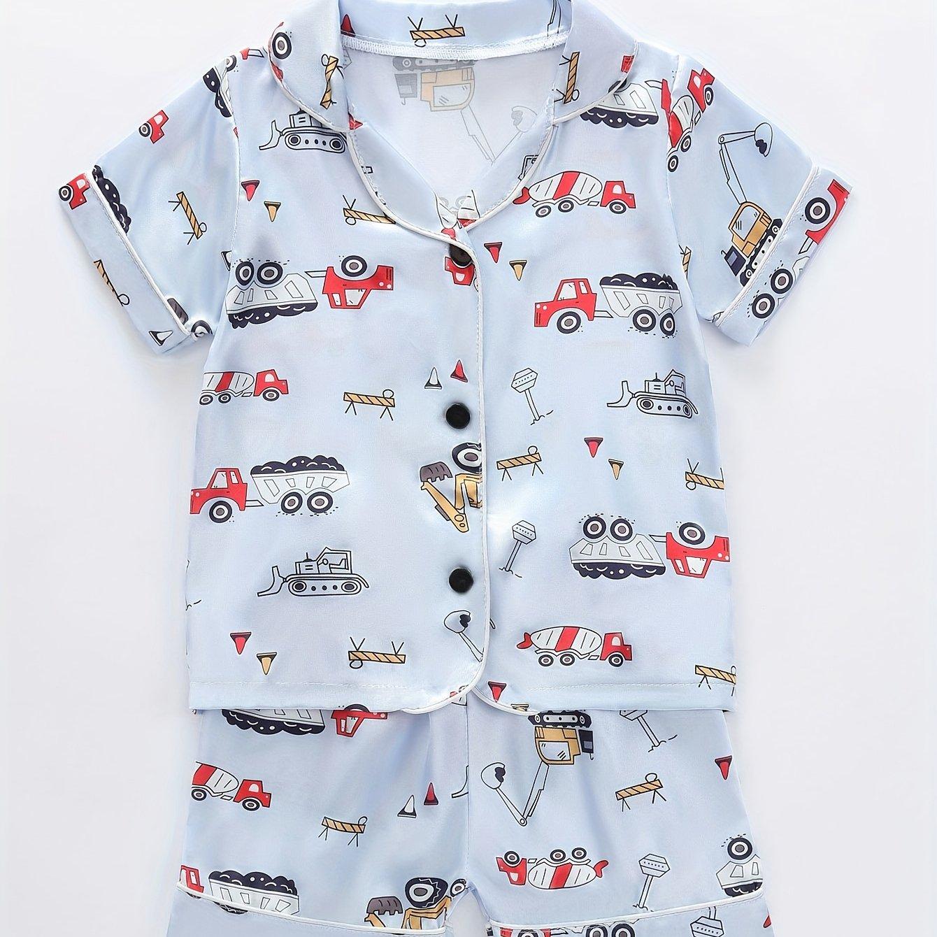 TEMU Summer New Boys' Cartoon Excavator Cool Homewear Short Sleeve Shorts Pajama Set With 1615 Flame Retardant Test