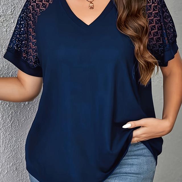 TEMU Women's Plus Size Elegant V-neck T-shirt With Contrast Lace Detail, Short Sleeve Casual Top For Spring/summer, Polyester Knit Fabric, 180gsm - Purple With Black Text "handmade"