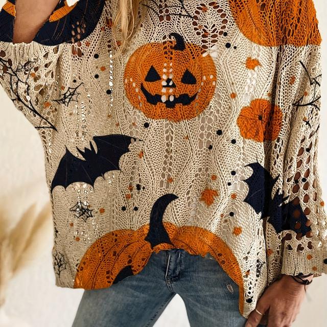 TEMU Plus Size, Spring, Summer & Autumn Rhombus Cutout Bat Off-shoulder Loose Fit Pumpkin Halloween Print Long Sleeve Top For Women - , Casual Elegant Vest Cover-up, Bikini