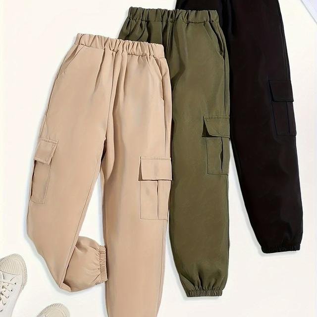 TEMU 3pcs Set Of Girls' Autumn/winter Fashionable And Comfortable Flap Pocket Overalls/sports Tapered Overalls Multi-pack/outdoor Casual All-match Long Pants Combination Pack