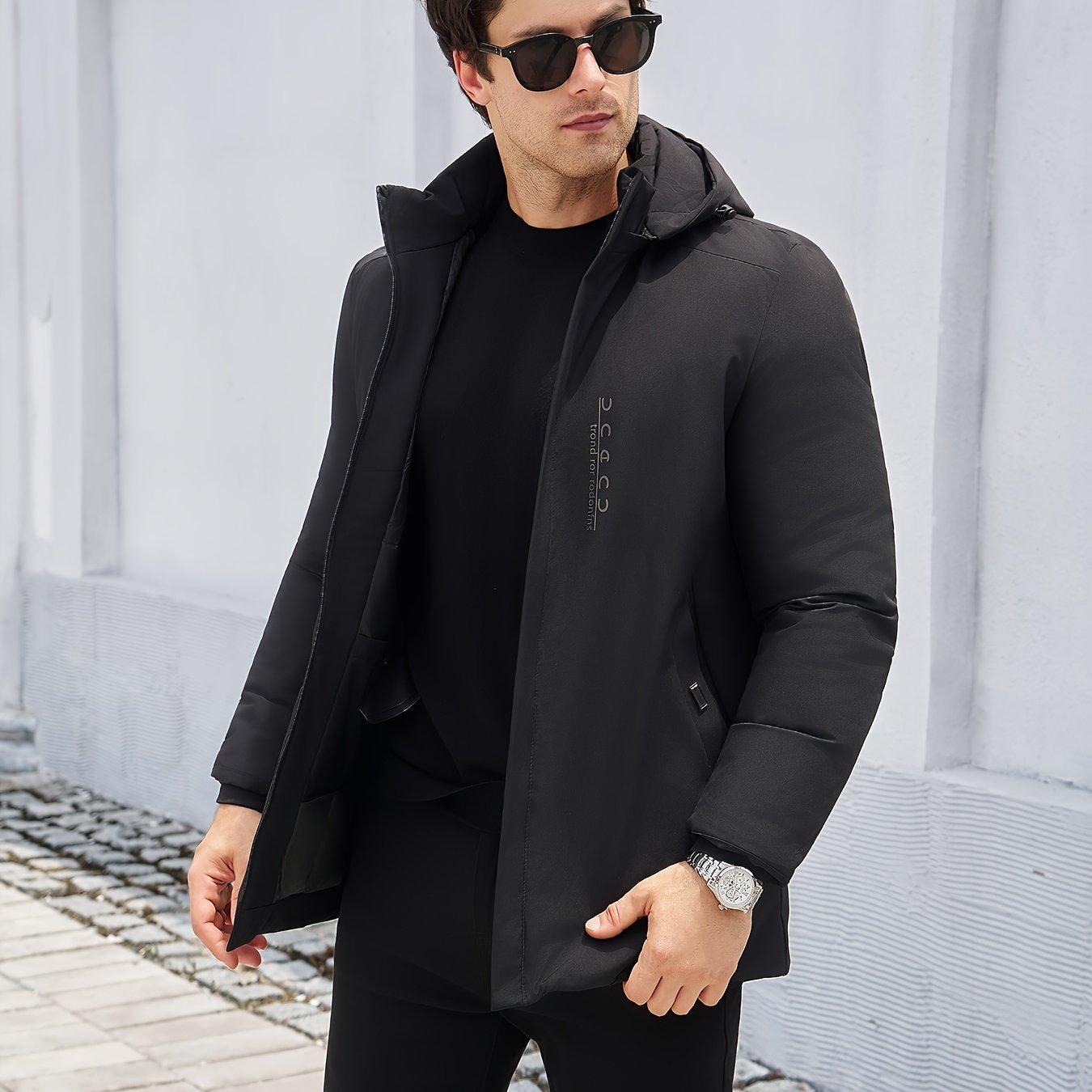 TEMU Mid-length Detachable Hood Padded Coat, Men's Winter Parka With Block-style Quilted -style Cuffs