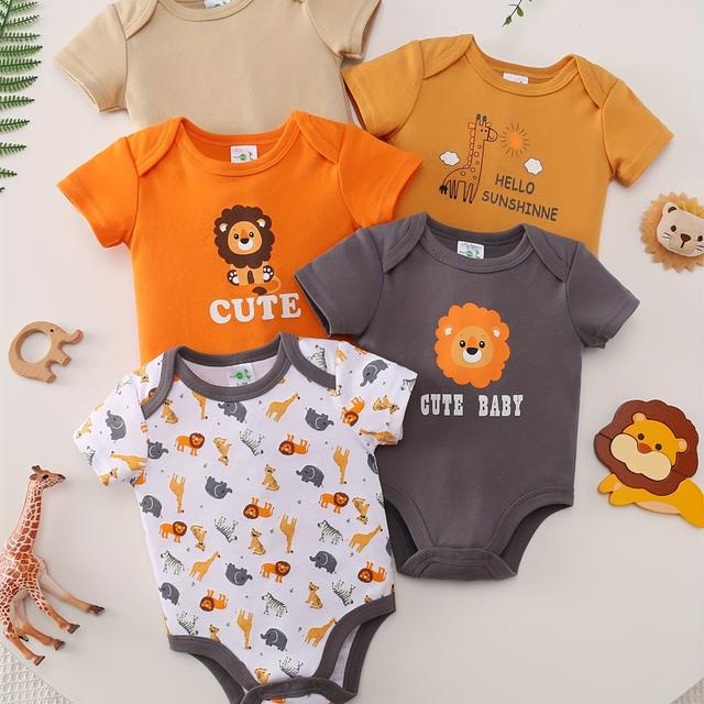 TEMU 5pcs Set For Baby Boys Featuring A Cartoon Print, Comfortable And Soft Short-sleeve Summer Bodysuits
