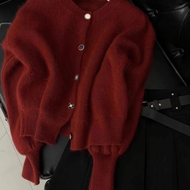 TEMU Solid Color Button Front Cardigan, Casual Crew Neck Long Sleeve Cardigan For Fall & Winter, Women's Clothing