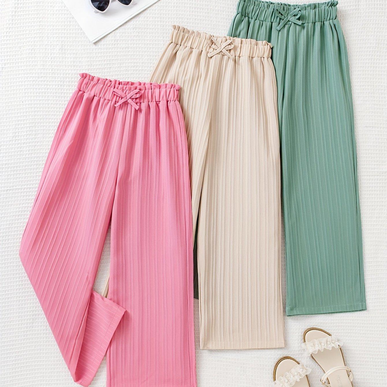 TEMU 3pcs Girls' Elegant Ribbed Wide-leg Pants - Elastic Waistband, Loose Fit, Solid Color (pink/mint/beige) | Machine-washable For Spring Summer Fall Casual & , Outdoor
