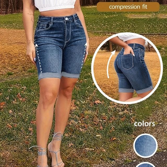 TEMU Women's High-waisted Stretch Denim Shorts With Slant Pockets - Style, Mid-rise, Button Closure, Solid Color, Spring/summer Collection, High Waisted Shorts