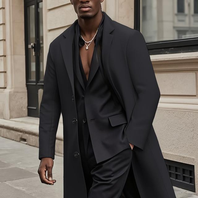 TEMU 2025 Men's Slim-fit Long Knee-length Windproof Trench Coat - Casual & Formal Solid Color Outerwear With Button Front, Lapel Collar, And Side Pockets For Spring/fall, Windbreaker Jacket