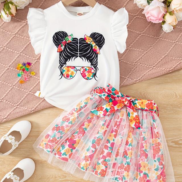 TEMU Ensemble Pièces pour Filles avec T-Shirt à Col Rond et Manches Courtes Imprimé Cartoon et Jupe à Floraux pour Sorties Décontractées d'Été