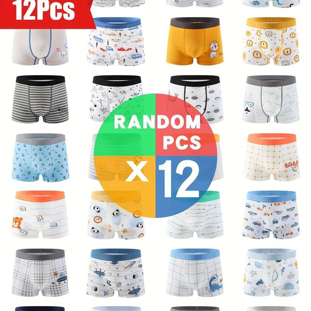 TEMU 12pcs Boys' Boxer Briefs - Assorted Cartoon & Solid Color Underwear, Stretch Fabric, Regular Fit, , 's Casual Underwear, ' Wear, ' Apparel,