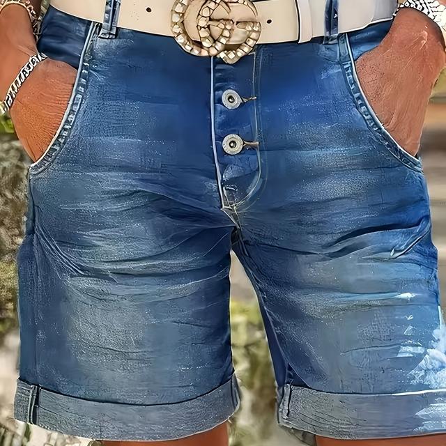 TEMU Women's Stretch Denim Shorts, Casual Button- Shorts With Folded Hem, Fashionable Washed Mid-blue Jean Bermuda Shorts, For Work And Leisure, Suitable For Spring And Summer