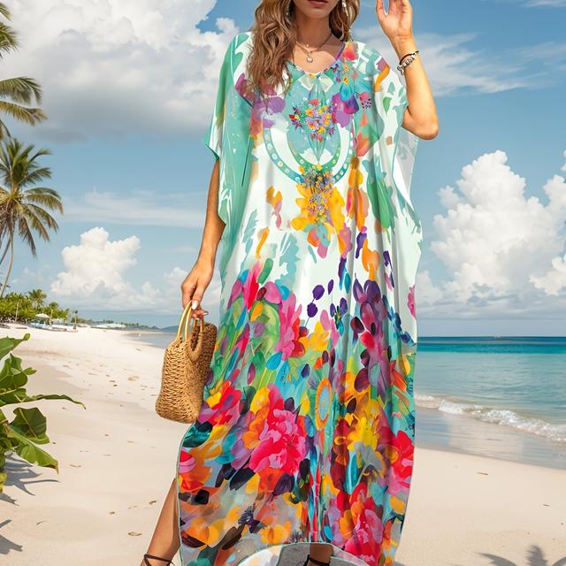 TEMU 26SS Dámské šaty v bohémském stylu, dlouhé šaty s rozparkem a výstřihem do V, volný plážový župan na dovolenou, ležérní dámská tunika na dojíždění
