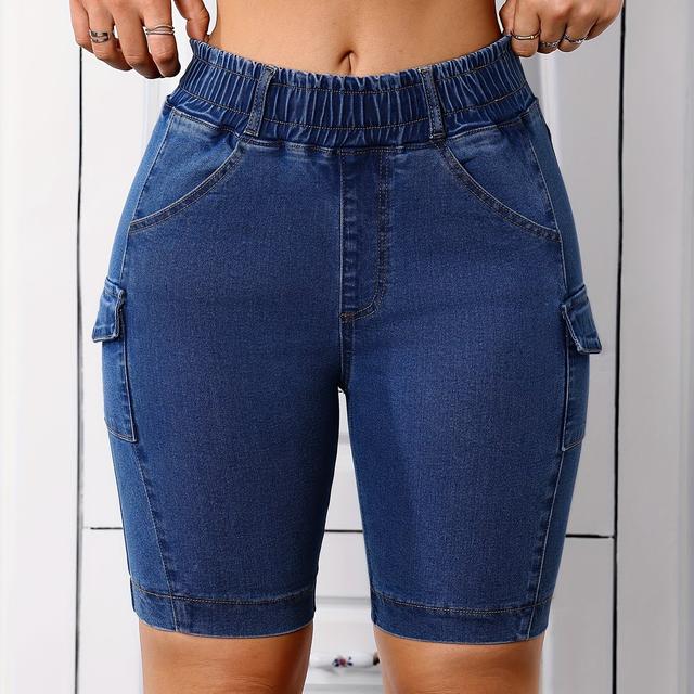 TEMU Cortos de denim delgado casual de cintura elástica ajustada de puntos para mujeres